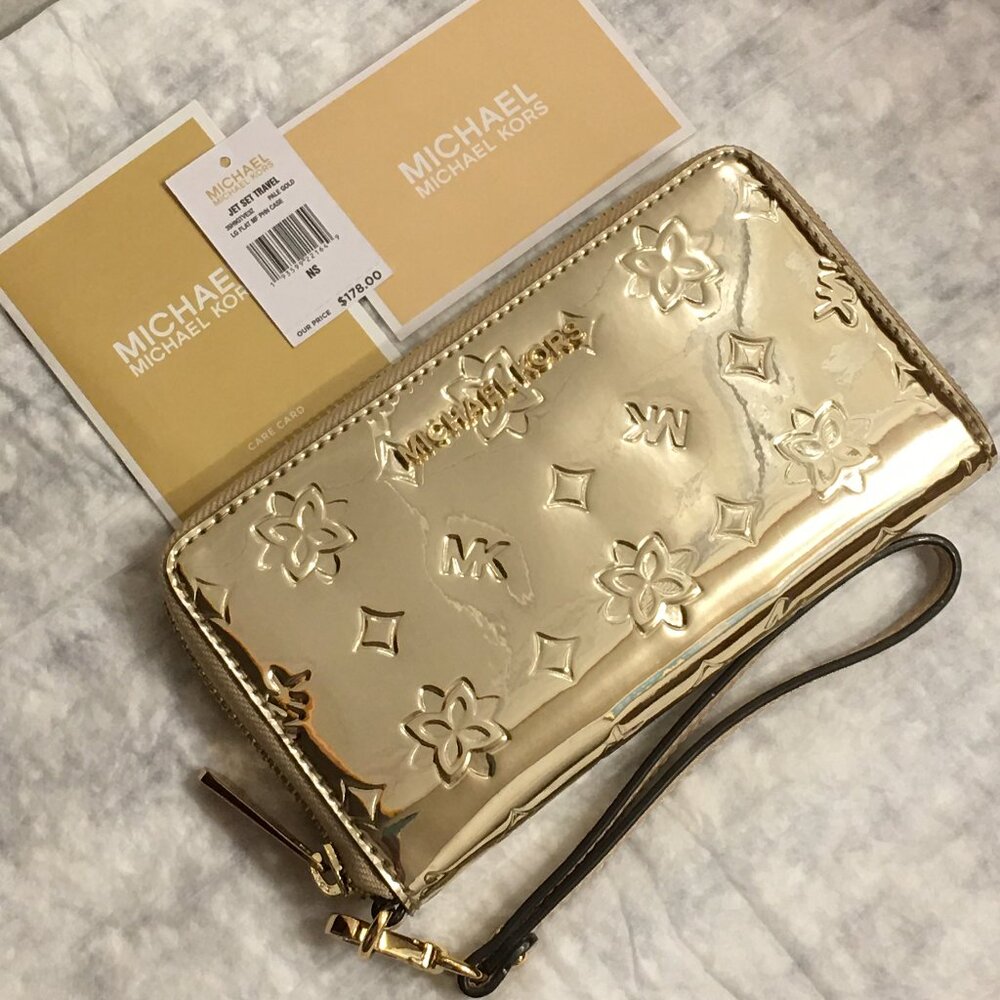 NWT!!! MICHAEL KORS MIRROR METALLIC PALE GOLD WALLET